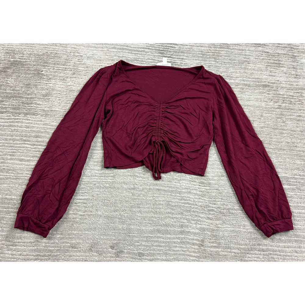 Persaya Crop Top Womens Medium Burgundy Ruched Front V-Neck Long Sleeve PT8801